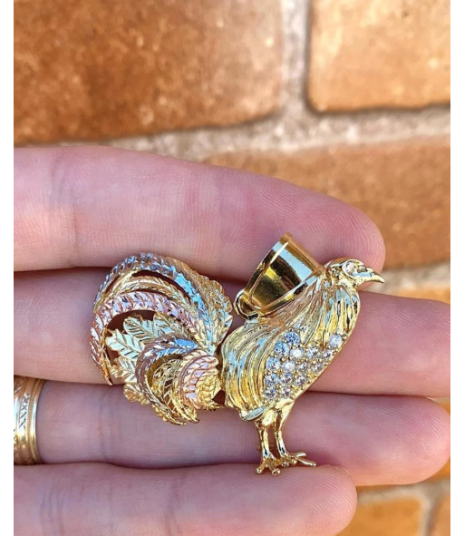 Chicken Rooster Pendant CZ 33x45mm Mens Womens