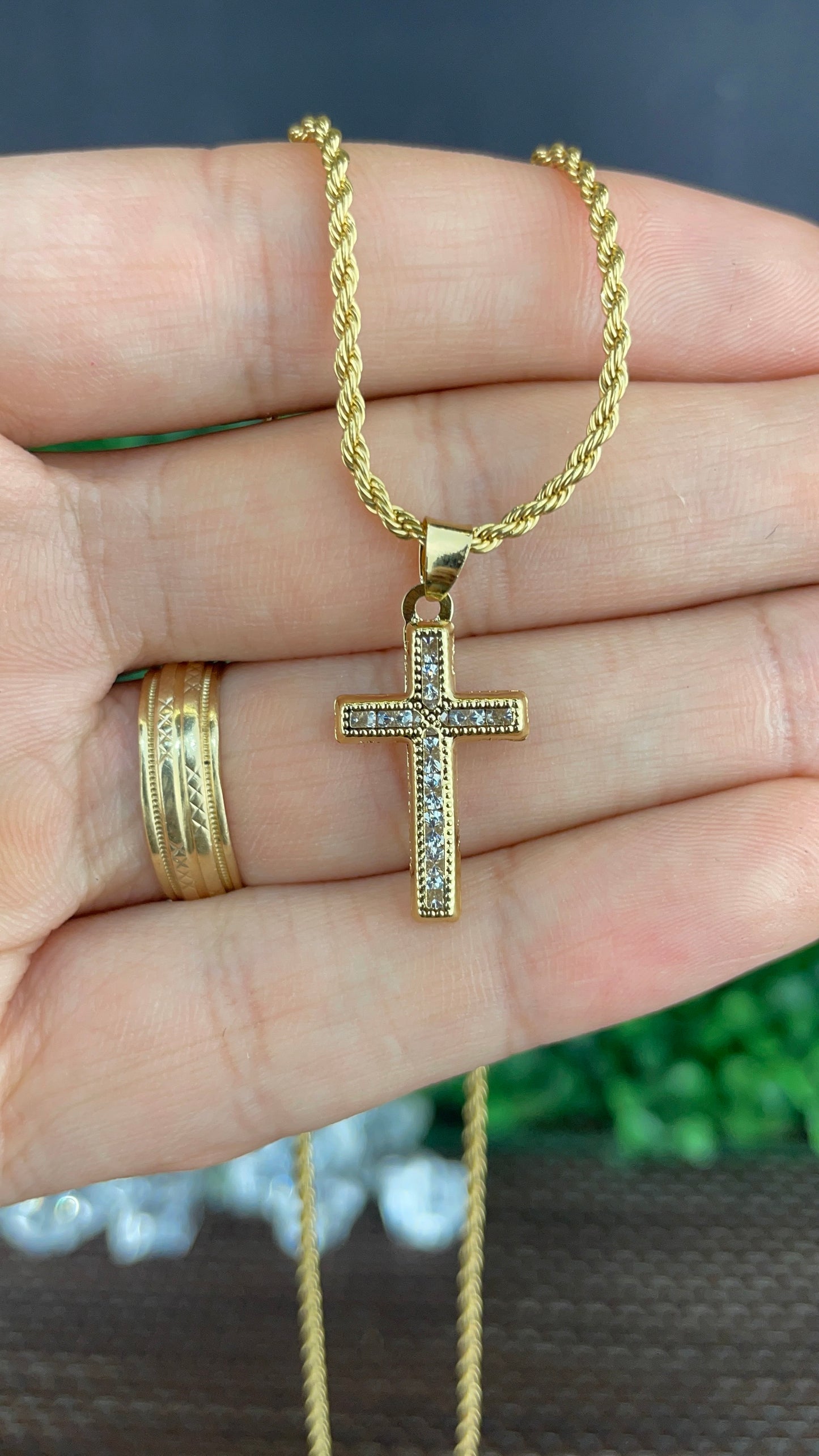 CZ Cross Necklace Rope Chain 18" Gold Filled