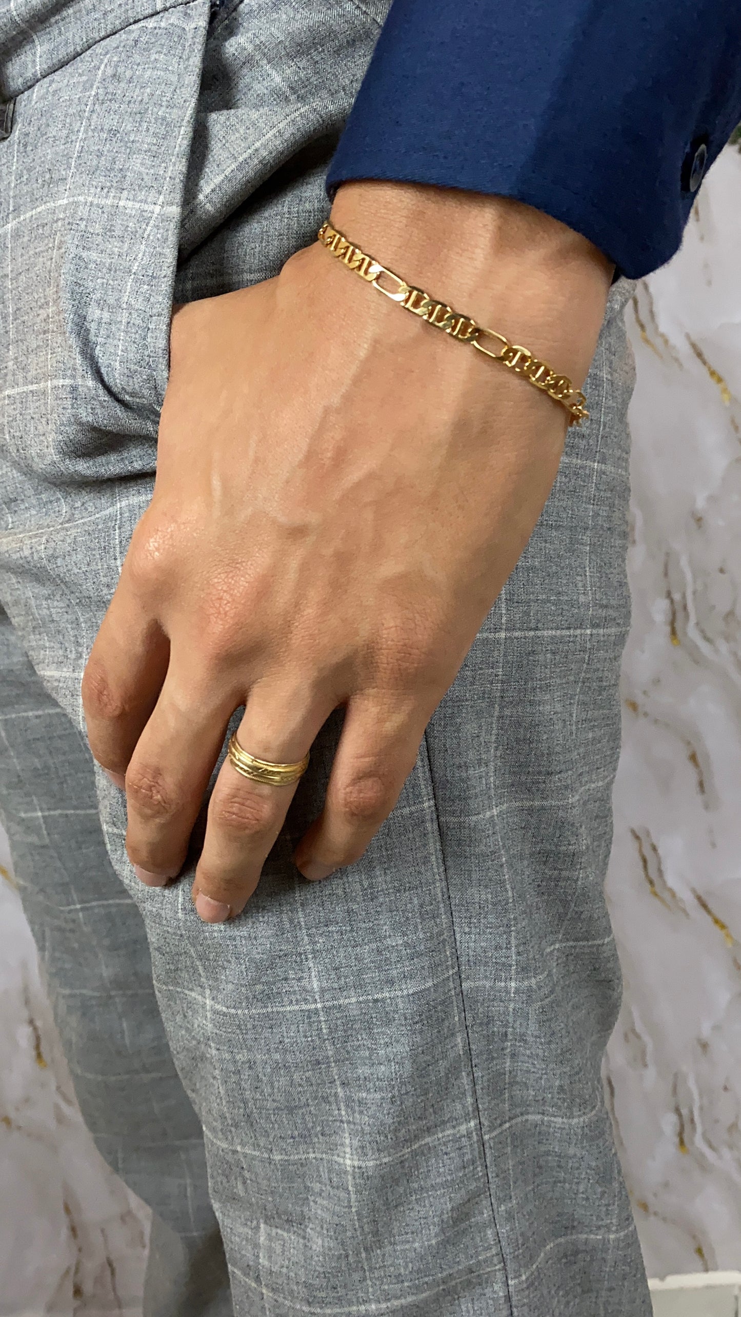 14K Gold Filled Mariner Figaro Link Bracelet for Mens 7.5" Stylish