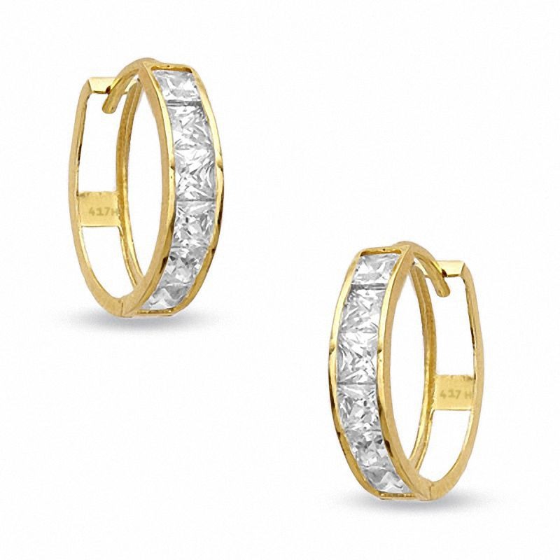 10K Yellow Gold Princess Cut Channel-Set Square CZ Huggies Hoop