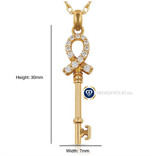 14K Yellow & White Gold CZ Key Pendant 30x7mm Breast Cancer Awareness Symbol / Dije de llave en Oro Solido Real Conciencia de Cancer Dije