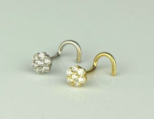 14k Yellow and White Gold CZ Nose Piercing Stud Nose Ring Diamond CZ Ruby Flower Brithstones Nose Piercing / Aretes de la Nariz en Oro Solido Real de Flor con Piedra de Nacimiento Para Mujer