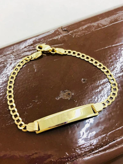 Pulseira de ouro amarelo 10K para bebês com identificação para crianças, pulseira de elo cubano 6 pol. Novo presente para bebês, pulseira de ouro 