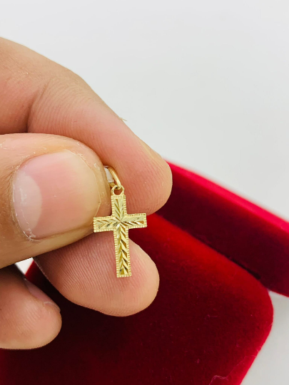 14K Yellow Gold Cross Pendant Diamond Cut for Womens Charm Cross 15x9 Dije de Cruz