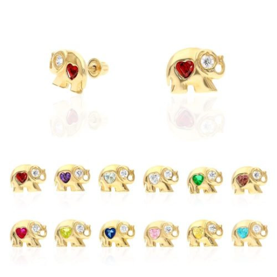 14k Real Yellow Gold Elephant CZ Stud Earring for Women Baby Kids / Screw Back Earrings / Birthstones Stud Earrings / Aretes Oro Real Piedra de Nacimiento Elefante