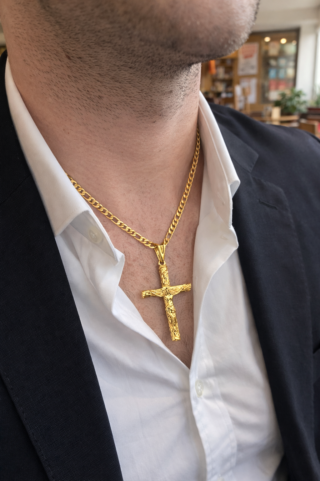 Mens Womens Rustic Cross Necklace 36x23mm Figaro Link Chain