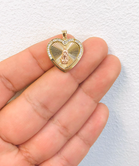 14K Solid Gold Virgen De Guadalupe Heart Charm Pendant 20x20mm / Heart Guadalupe Pendant for Womens / Dije de la Guadalupe en Corazón Oro Solido 14K