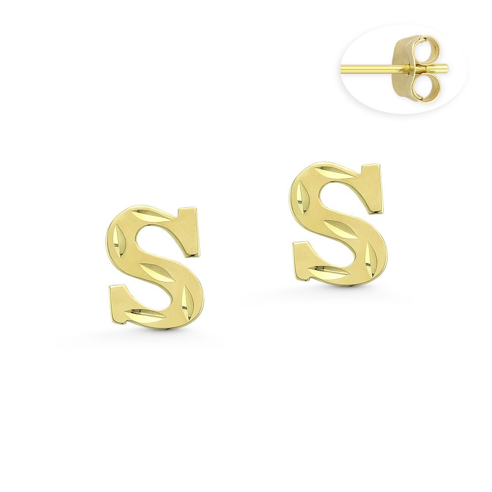 14k Real Yellow Gold Initial Letters Stud Earrings /Alphabetic Letters Earrings / Diamond Cut Letters Earrings Push Back / Aretes Oro Real