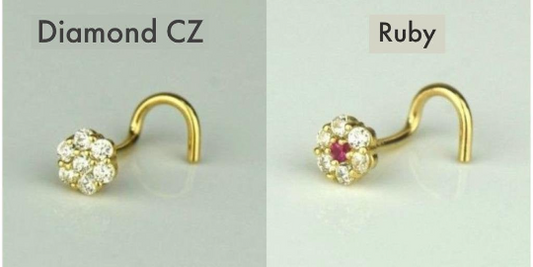 14k Yellow and White Gold CZ Nose Piercing Stud Nose Ring Diamond CZ Ruby Flower Brithstones Nose Piercing / Aretes de la Nariz en Oro Solido Real de Flor con Piedra de Nacimiento Para Mujer