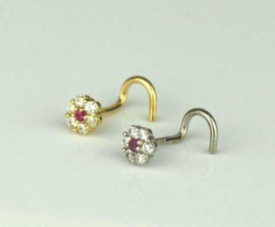 14k Yellow and White Gold CZ Nose Piercing Stud Nose Ring Diamond CZ Ruby Flower Brithstones Nose Piercing / Aretes de la Nariz en Oro Solido Real de Flor con Piedra de Nacimiento Para Mujer