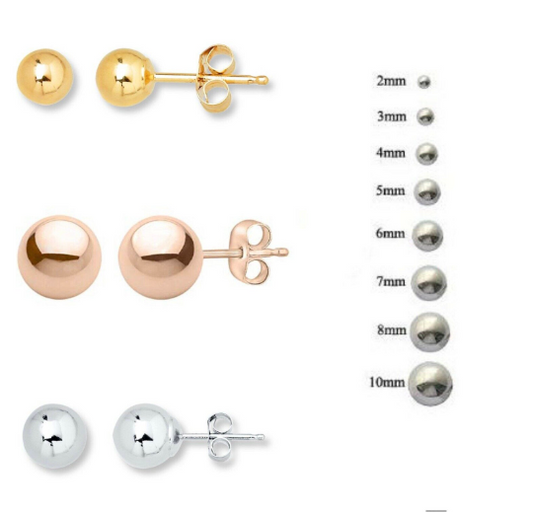 14k Solid Yellow Gold Ball Earrings, Available in White and Rose Gold, 3mm-10mm