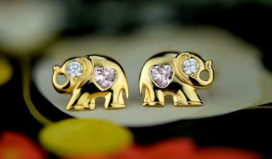 14k Real Yellow Gold Elephant CZ Stud Earring for Women Baby Kids / Screw Back Earrings / Birthstones Stud Earrings / Aretes Oro Real Piedra de Nacimiento Elefante