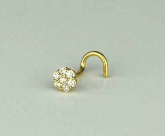 14k Yellow and White Gold CZ Nose Piercing Stud Nose Ring Diamond CZ Ruby Flower Brithstones Nose Piercing / Aretes de la Nariz en Oro Solido Real de Flor con Piedra de Nacimiento Para Mujer