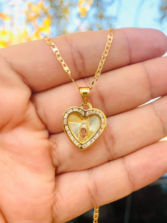 Heart Virgen de Guadalupe Charm Necklace CZ Pendant in 14K Gold Filled Bapstim Gifts 1st Communion