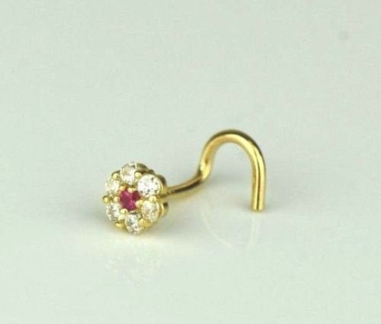 14k Yellow and White Gold CZ Nose Piercing Stud Nose Ring Diamond CZ Ruby Flower Brithstones Nose Piercing / Aretes de la Nariz en Oro Solido Real de Flor con Piedra de Nacimiento Para Mujer