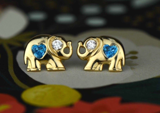 14k Real Yellow Gold Elephant CZ Stud Earring for Women Baby Kids / Screw Back Earrings / Birthstones Stud Earrings / Aretes Oro Real Piedra de Nacimiento Elefante