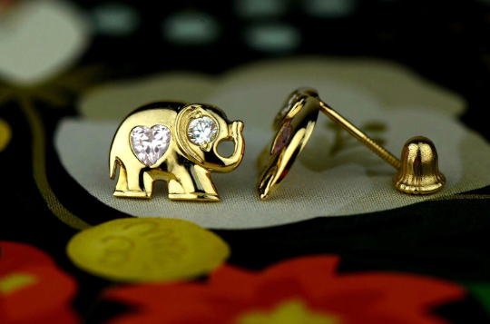 14k Real Yellow Gold Elephant CZ Stud Earring for Women Baby Kids / Screw Back Earrings / Birthstones Stud Earrings / Aretes Oro Real Piedra de Nacimiento Elefante