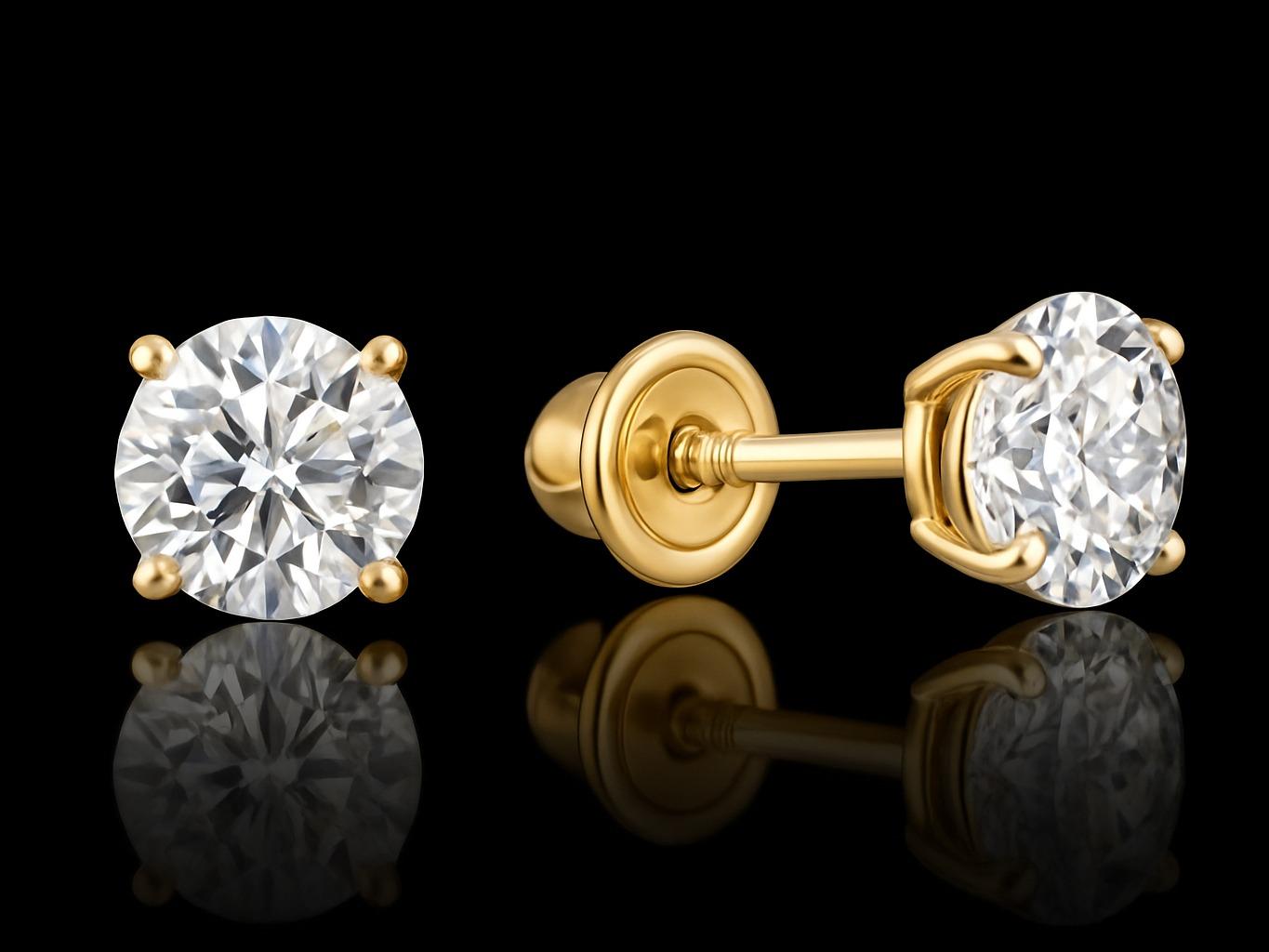 14K Yellow Gold CZ Stud Earrings Screw Back