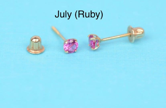 14K Real Yellow Gold Screw Back Earrings Round Birthstone Stud Earrings 2mm to 6mm / Aretes de Oro Real con Piedra de Nacimiento Para Mujer Hpmbre y Niños