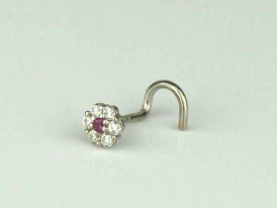 14k Yellow and White Gold CZ Nose Piercing Stud Nose Ring Diamond CZ Ruby Flower Brithstones Nose Piercing / Aretes de la Nariz en Oro Solido Real de Flor con Piedra de Nacimiento Para Mujer