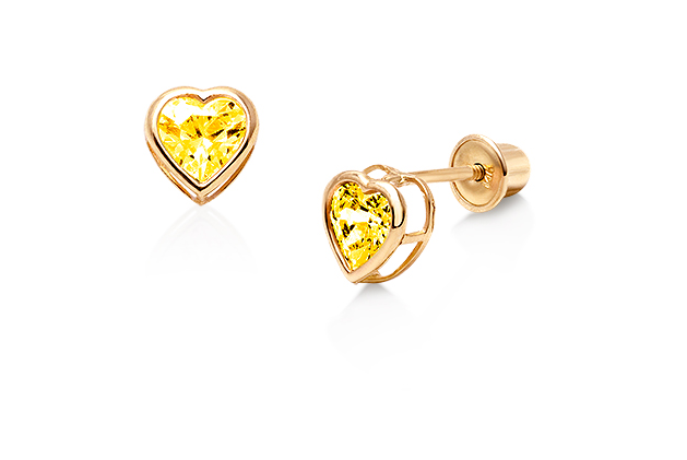 Pendientes de tuerca de oro amarillo de 14 quilates para niñas y bebés, pendientes con piedras natales de corazón, 0.118 in