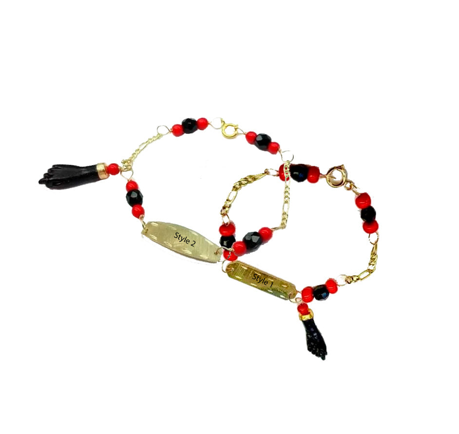 Pulseira de identificação de bebê ouro maciço 10 quilates Azabache pingente boa sorte proteção meninos meninas 5"