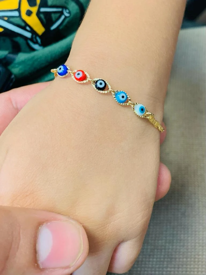 Bebé recién nacido/niños niños/niñas oro relleno mal de ojo bebé pulsera suerte Valentino enlace