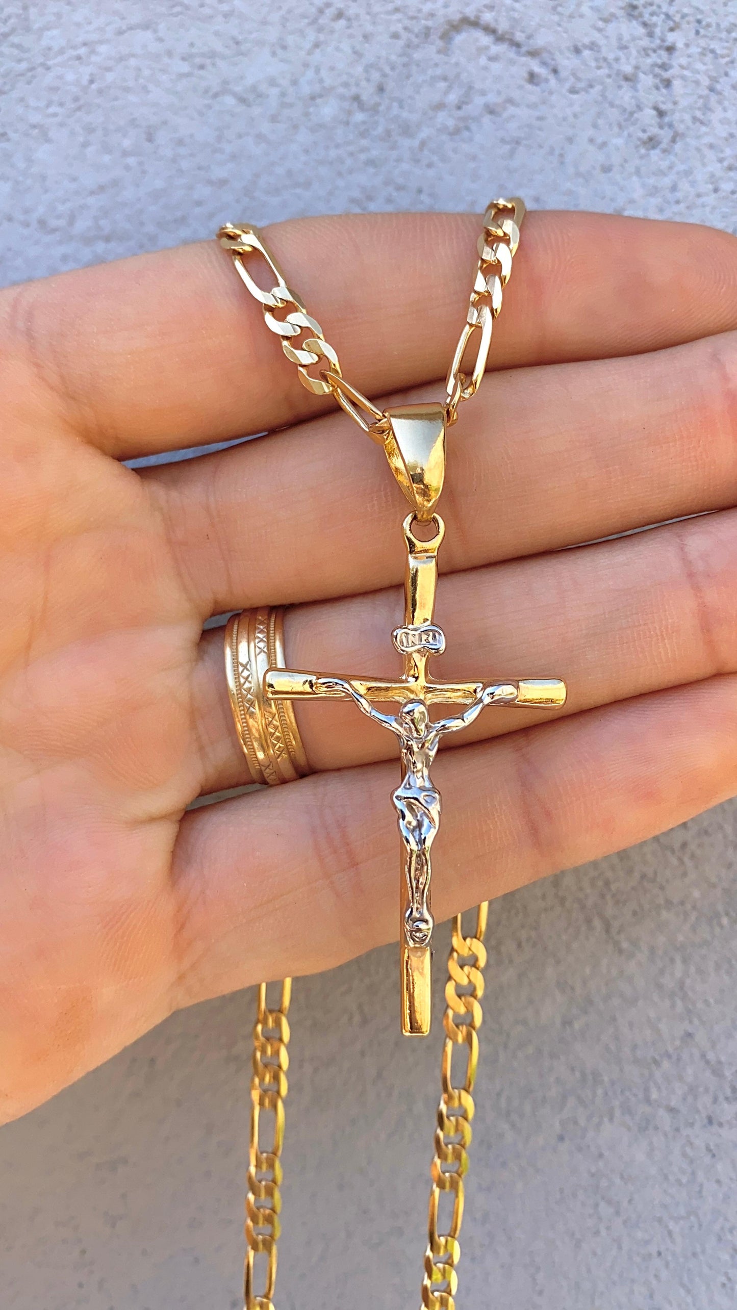 BIG Two Tone Cross Necklace 24" 14K Gold Filled Everyday Jewelry