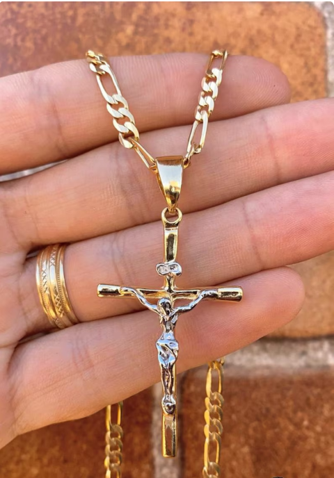 BIG Two Tone Cross Necklace 24" 14K Gold Filled Everyday Jewelry