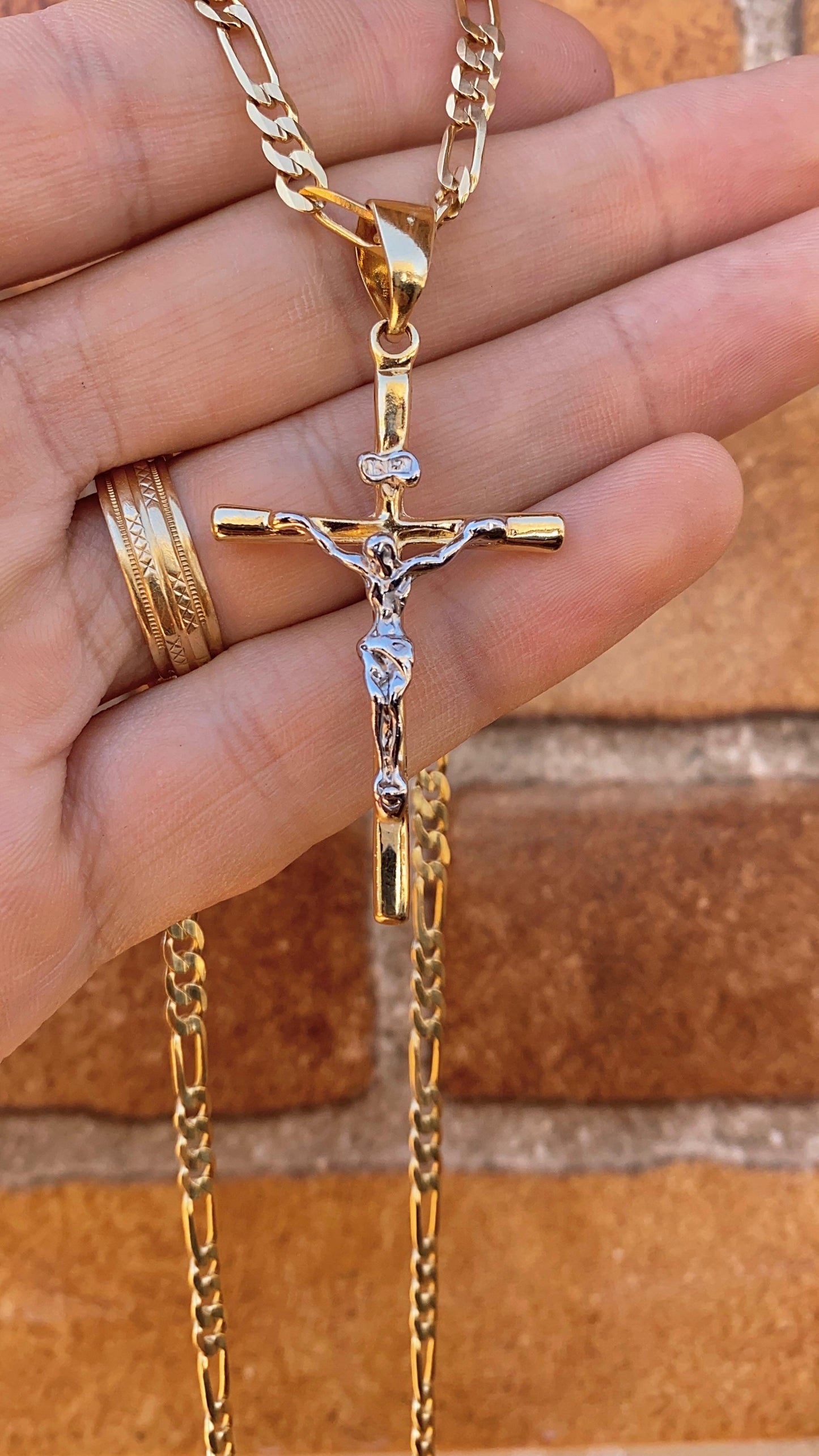 BIG Two Tone Cross Necklace 24" 14K Gold Filled Everyday Jewelry