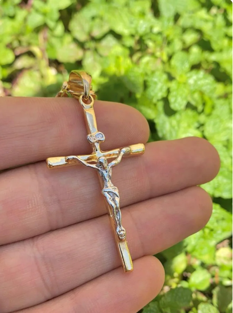 BIG Two Tone Cross Necklace 24" 14K Gold Filled Everyday Jewelry