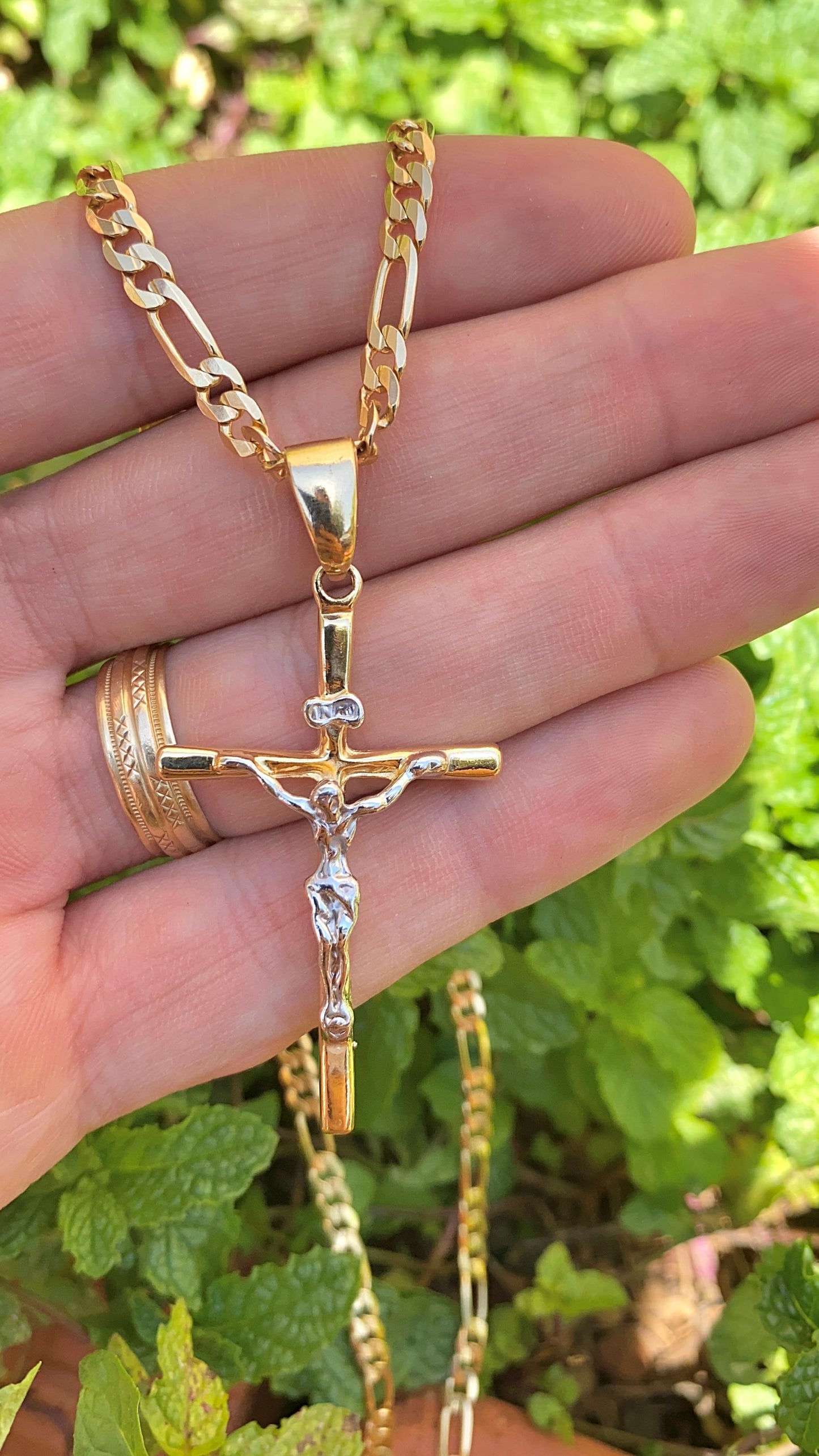 BIG Two Tone Cross Necklace 24" 14K Gold Filled Everyday Jewelry