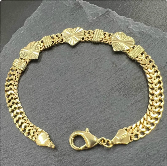 14K Gold Filled Bracelet Diamond Cut Bismarck Heart 7.5" For Womens Pulsera para Mujeres