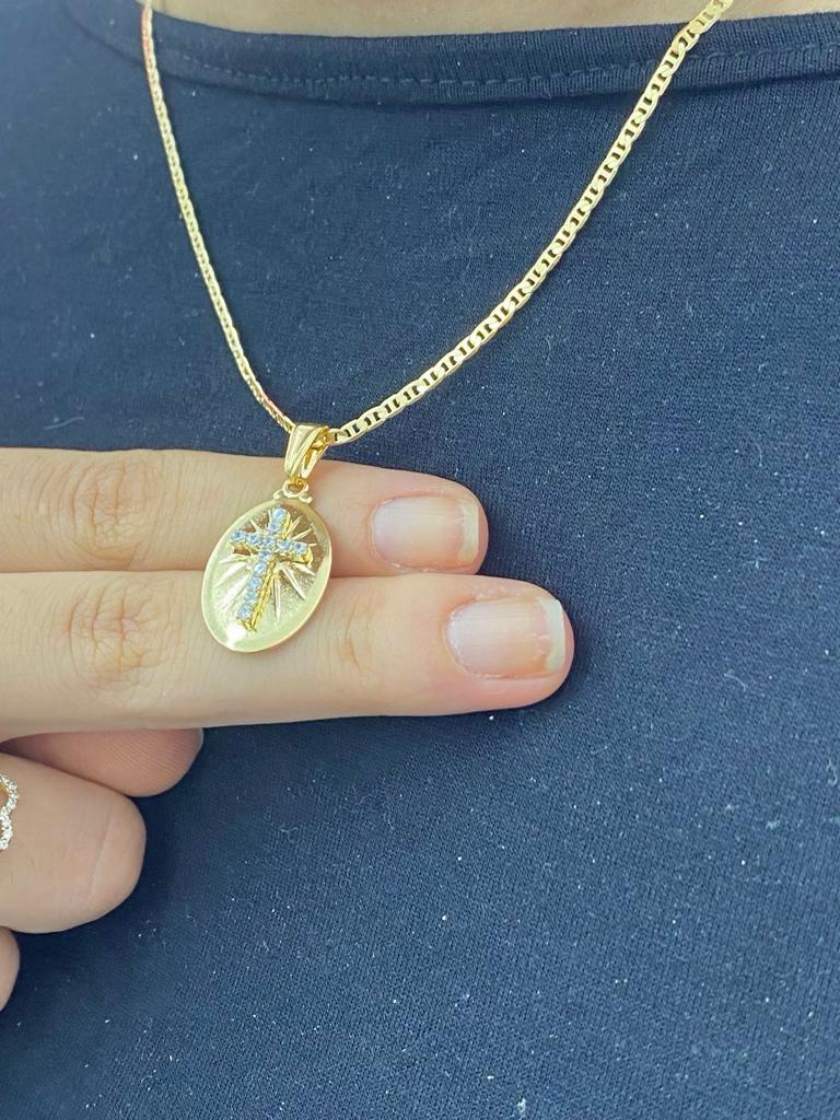 14K Gold Filled Cross Necklace CZ Mariner Chain Mens Womens Toddler Youth Kids Baby