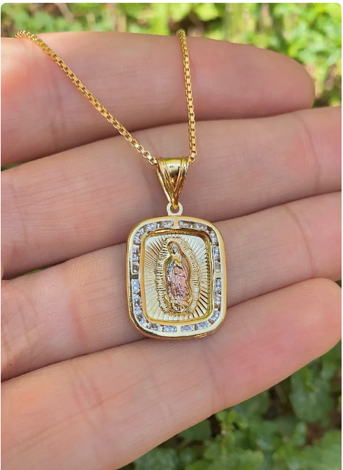 Virgen de Guadalupe Necklace 18" CZ Box Chain 14K Gold Filled Womens Mens Unisex