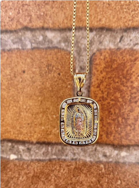 Virgen de Guadalupe Necklace 18" CZ Box Chain 14K Gold Filled Womens Mens Unisex