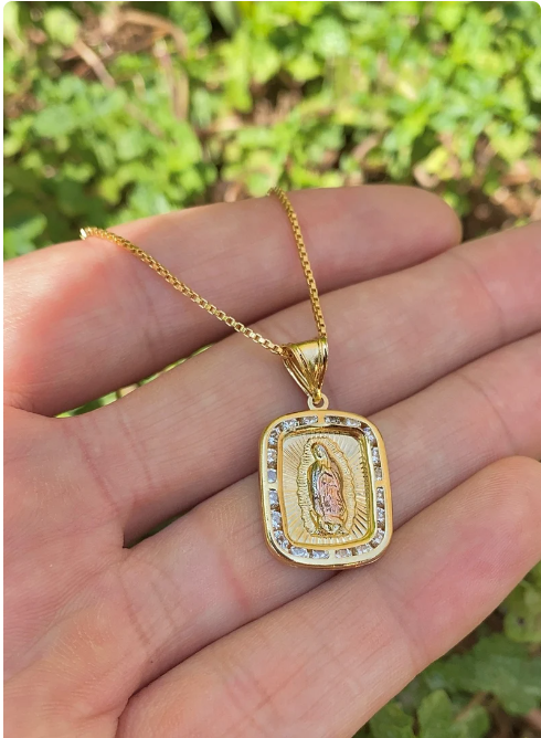 Virgen de Guadalupe Necklace 18" CZ Box Chain 14K Gold Filled Womens Mens Unisex