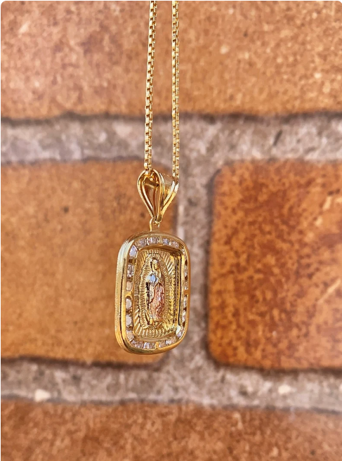 Virgen de Guadalupe Necklace 18" CZ Box Chain 14K Gold Filled Womens Mens Unisex