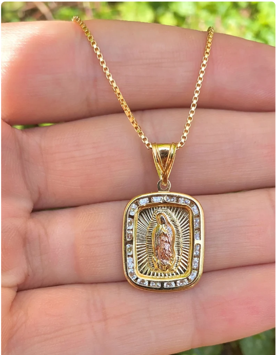 Virgen de Guadalupe Necklace 18" CZ Box Chain 14K Gold Filled Womens Mens Unisex