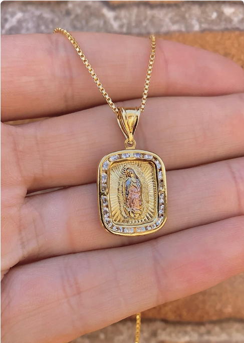 Virgen de Guadalupe Necklace 18" CZ Box Chain 14K Gold Filled Womens Mens Unisex