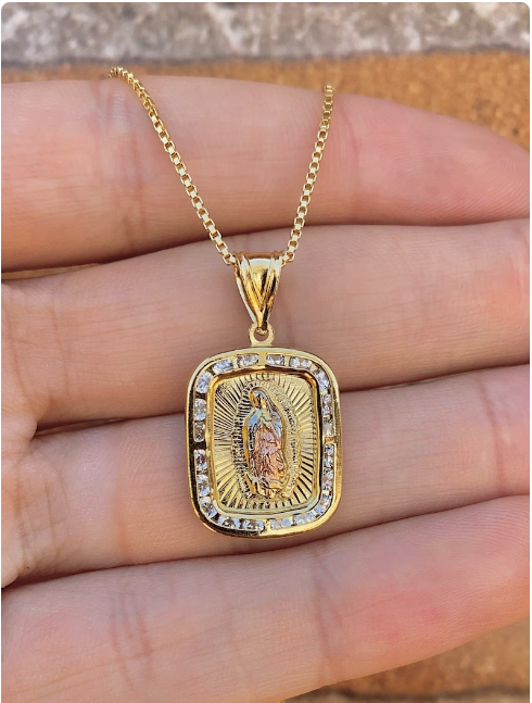 Virgen de Guadalupe Necklace 18" CZ Box Chain 14K Gold Filled Womens Mens Unisex