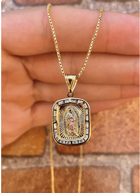 Virgen de Guadalupe Necklace 18" CZ Box Chain 14K Gold Filled Womens Mens Unisex