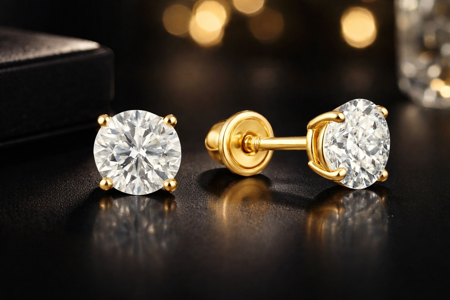 14K Yellow Gold CZ Stud Earrings Screw Back