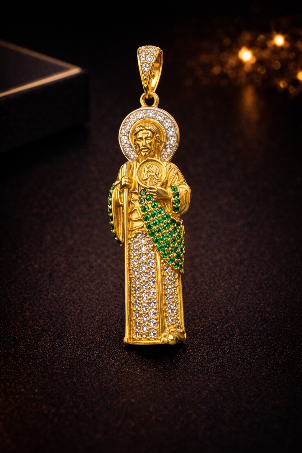 14K Yellow Gold CZ San Judas Pendant 51x18mm