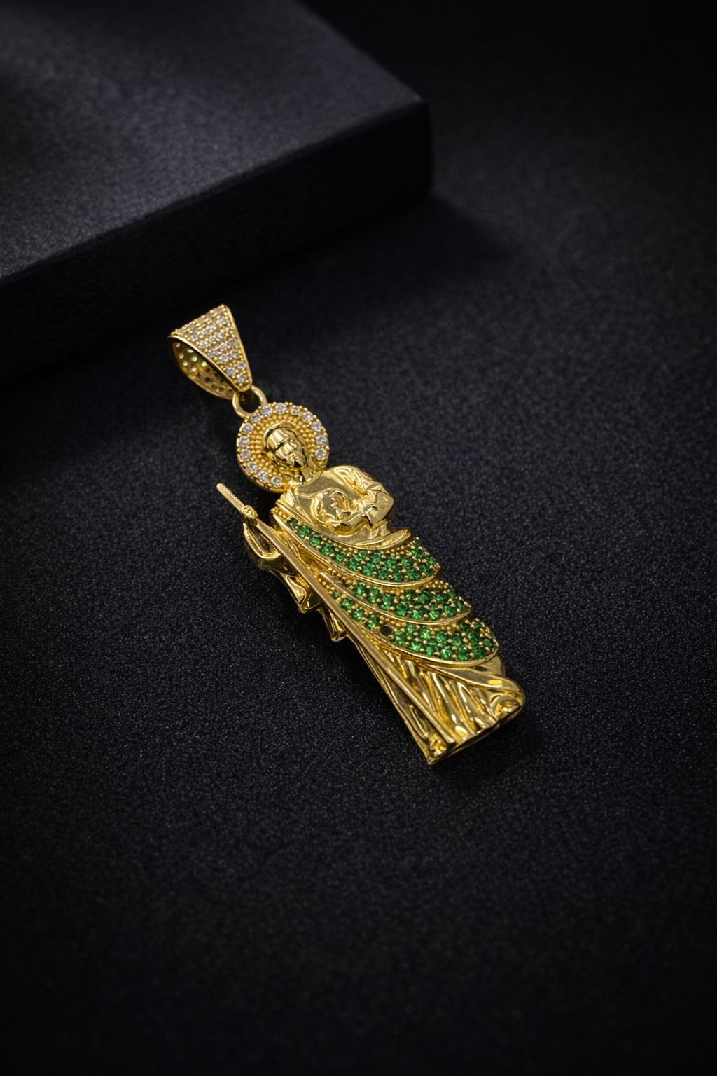 San Judas Pendant CZ 14K Gold 47x16mm