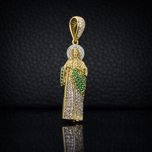 CZ Green & Clear San Judas Pendant 14K Gold 33x11mm