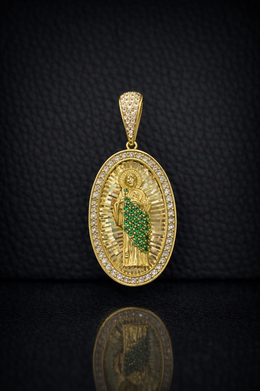 14K Yellow Gold Oval CZ San Judas Pendant 38x22mm