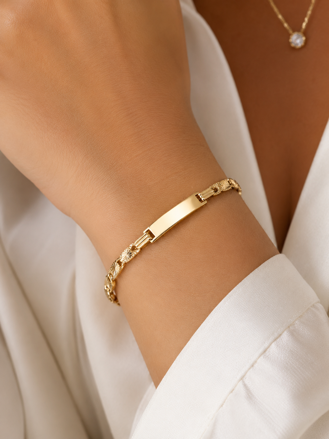 14K Gold Id Bracelet Tri Color Diamond Cut