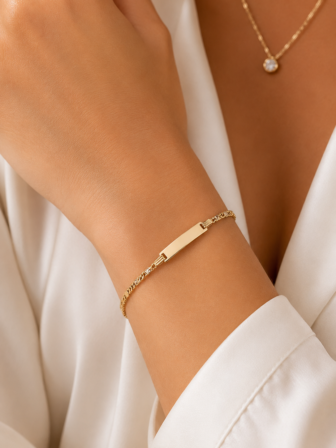 14K Gold Id Bracelet Tri Color Diamond Cut