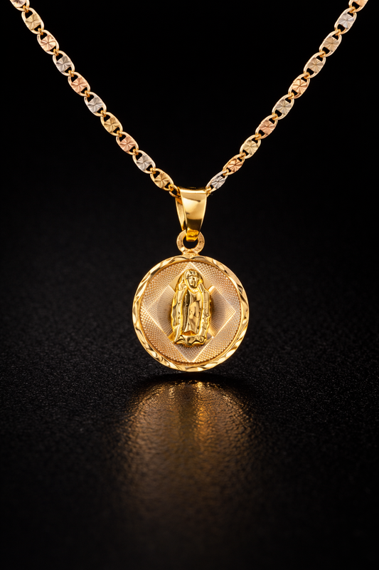 14K Gold Virgen de Guadalupe Necklace Tri Color